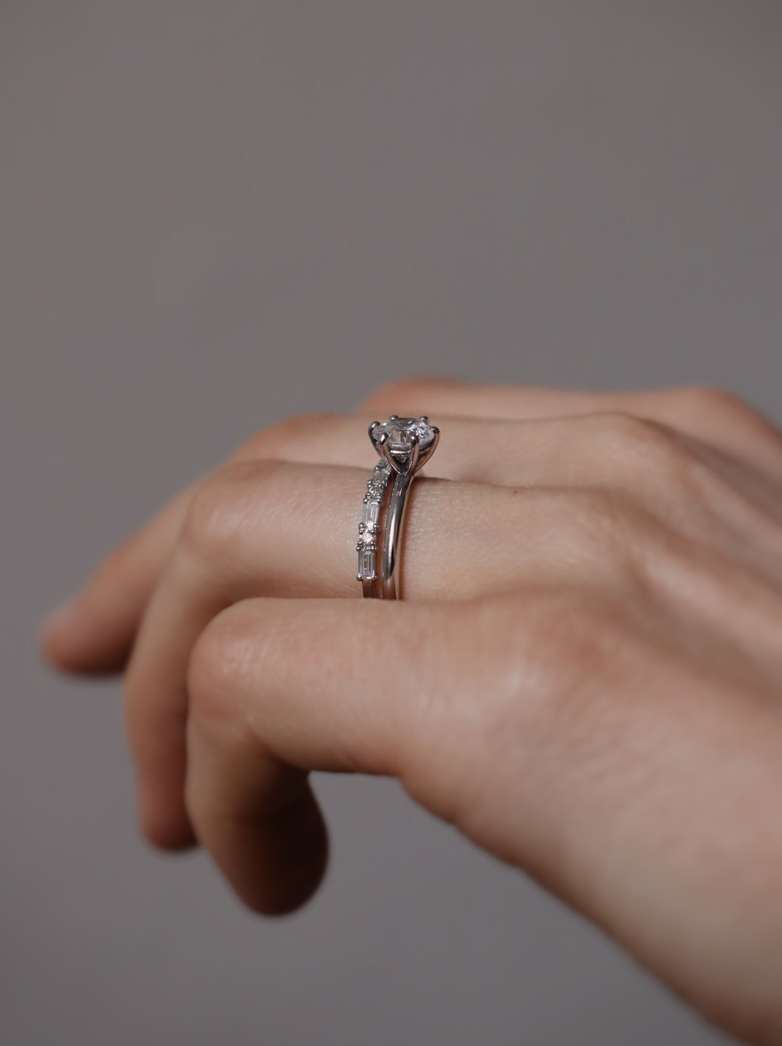 Classic Diamond Solitaire RIng and Minimalistic Baguette Brilliant Diamond Band