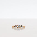 Mumbaistockholm Fine Jewelry Ring: Elise Ring in 18K yellow gold with five white, conflict-free diamonds. The center diamond is 0.25 CT, and on each side are two 0.11 CT diamonds, and two 0.04 CT diamonds. Pictured from the front.